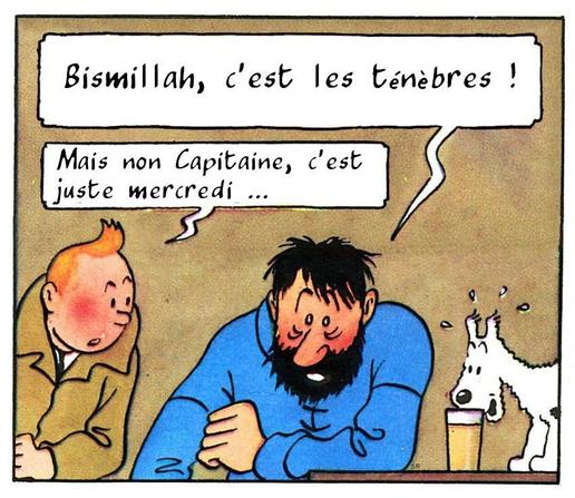Capitaine Haddock : "Bimillah c'est les ténèbres !" - Tintin : "Mais non Capitaine, c'est juste mercredi"