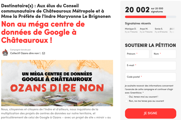 Aperçu de la pétition contre le megacenter de glouglou