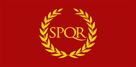 drapeau des légions romaines, rouge, avec une couronne de lauriers d'or, et au centre les lettres SPQR