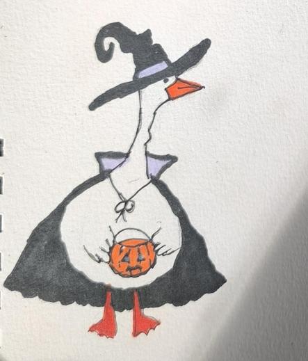 Dessin d'une oie déguisée en sorcière qui porte un panier citrouille.
