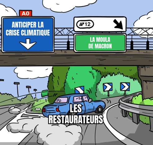 Mème : sur l'autoroute, un panneau indique « anticiper la crise climatique » tout droit et « la moula de macron » sur la sortie à droite. Une voiture taguée « Les restaurateurs » fait un dérapage pour prendre la sortie.