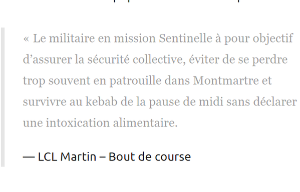 « Le militaire en mission Sentinelle à pour objectif d’assurer la sécurité collective, éviter de se perdre trop souvent en patrouille dans Montmartre et survivre au kebab de la pause de midi sans déclarer une intoxication alimentaire.

LCL Martin – Bout de course