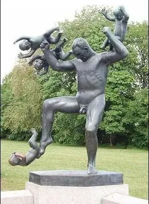 Bronze statue showing a naked man being attacked by four babies