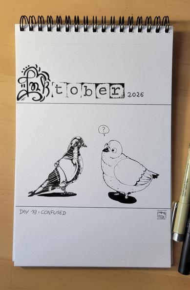 Photo d'un carnet avec le dessin d'un pigeon confus devant un robot de haute technologie en forme de pigeon