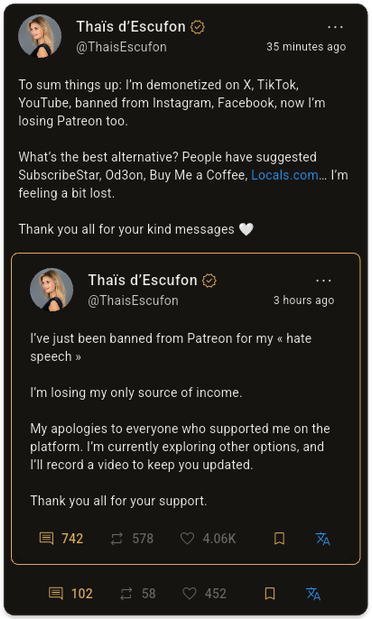 To sum things up: I’m demonetized on X, TikTok, YouTube, banned from Instagram, Facebook, now I’m losing Patreon too.

What’s the best alternative? People have suggested SubscribeStar, Od3on, Buy Me a Coffee, https://t.co/jasw3nHwKA… I’m feeling a bit lost.

Thank you all for