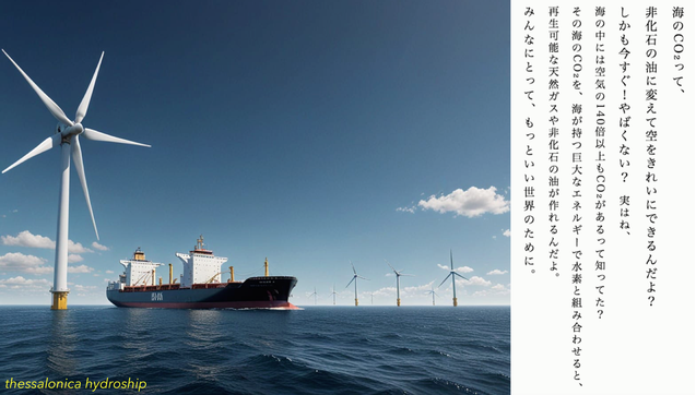 The technology for converting massive oceanic power into renewable oil and renewable gas is here. There is 140 times more CO2 in seawater than in the air, each Thessalonica Hydroship becomes a resilient and stable platform for renewable energy everywhere for everyone. Get cleaner air, clearer waters and better life by choosing renewable oil and gas.