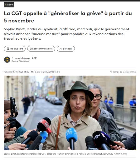 Capture d'écran de l'article de Franceinfo intitulé "La CGT appelle à généraliser la grève à partir du 5 novembre". L'article est illustré par une photo de Sophie Binet où on dirait qu'elle est un cosplay inspecteur Gadget.