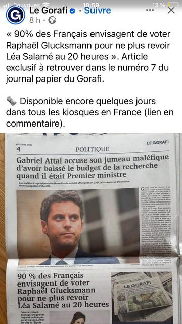 Post LinkedIn : Gabriel Attal accuse son jumeau maléfique d’avoir baissé le budget de la recherche quand il etait premier ministre - 90% des francais envisagent de voter Gluksmann pour ne plus revoir Salamé au 20 heures
