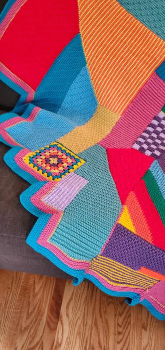 Close-up of our latest colourful wacky afghan creation