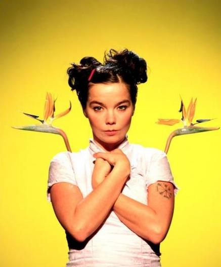 Björk dans une robe rose pâle sur fond jaune