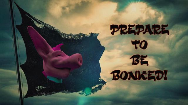 Bonk Wave meme picture saying "Prepare to be Bonked!", with the icon Bonk Pig flying on a ragged flag against a clouded sky with the sun peaking through at the top.
