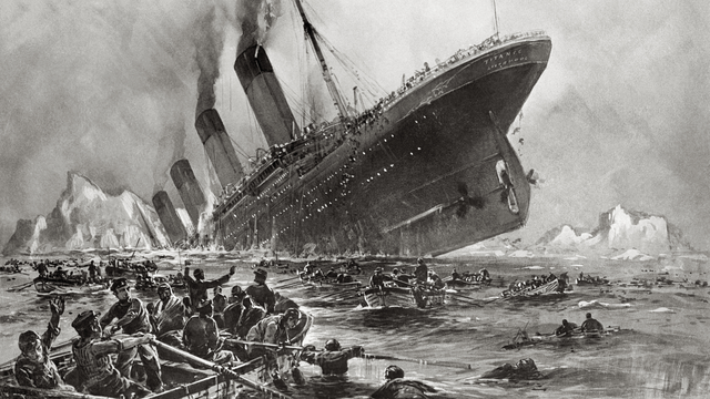 Black and white artwork titled "Titanic Sinking" by Willy Stöwer, 1912, showing the aft of the titanic sticking out of the water in the background as people in lifeboats look on