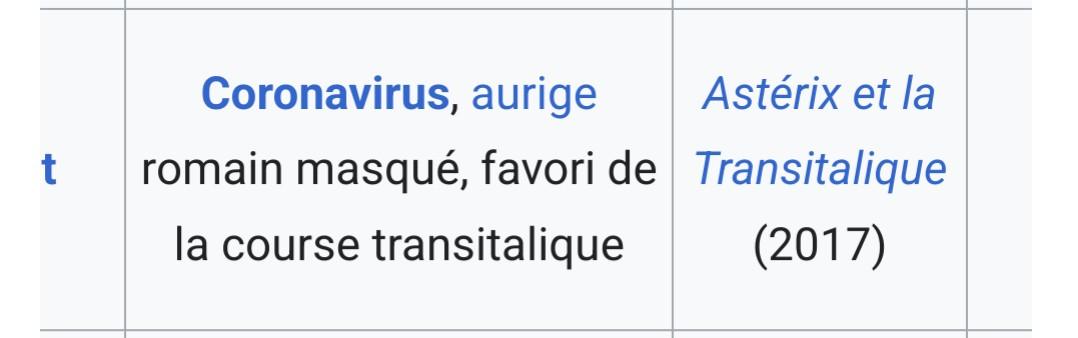 Coronavirus, aurige romain masqué, favori de la course transitalique
Astérix et la Transitalique (2017) Coronavirus, aurige romain masqué, favori de la course transitalique
Astérix et la Transitalique (2017)